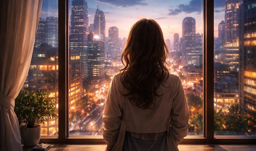 femme-ville-batiments-illumine-fenetre