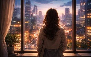 femme-ville-batiments-illumine-fenetre