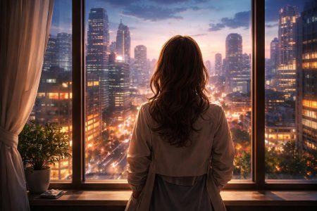 femme-ville-batiments-illumine-fenetre