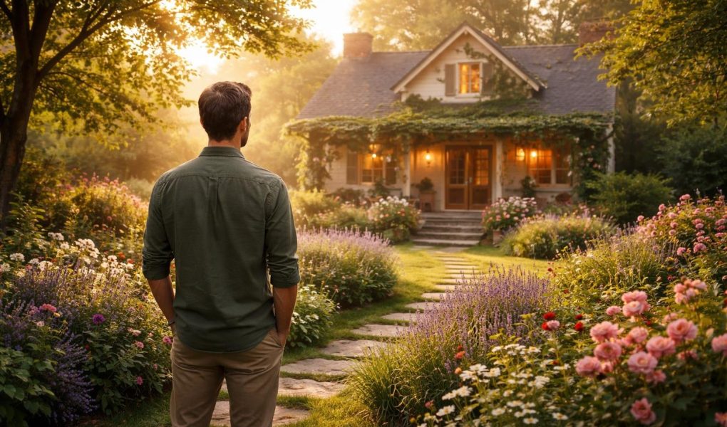 homme-dos-jardin-fleurs-maison