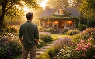 homme-dos-jardin-fleurs-maison