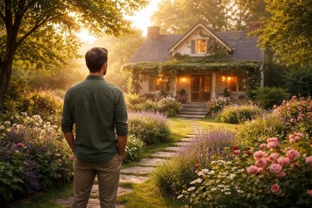 homme-dos-jardin-fleurs-maison