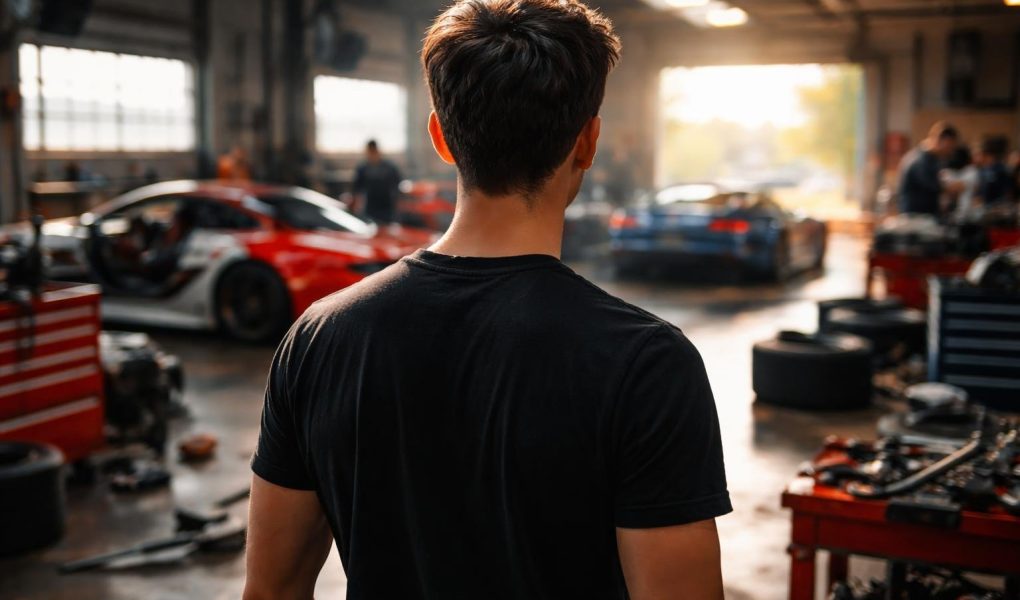 homme-dos-garage-voitures-sport