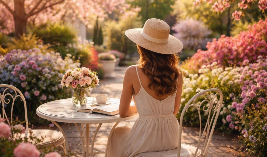 femme-table-cafe-jardin-fleuri