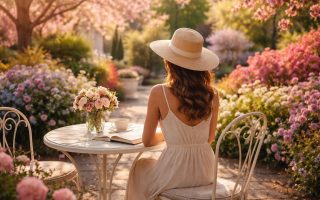 femme-table-cafe-jardin-fleuri