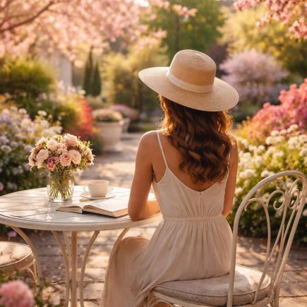 femme-table-cafe-jardin-fleuri