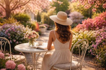 femme-table-cafe-jardin-fleuri