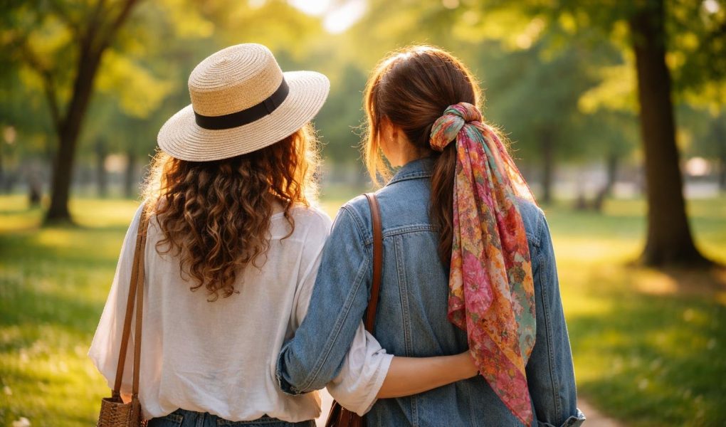 femmes-dos-parc-chapeau-foulard