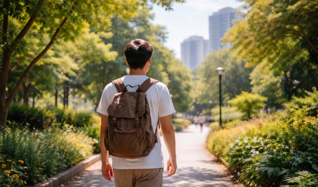 homme-marche-parc-vegetation-batiments