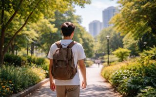 homme-marche-parc-vegetation-batiments