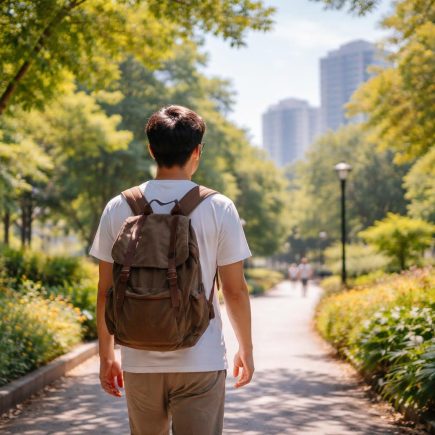 homme-marche-parc-vegetation-batiments