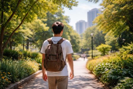 homme-marche-parc-vegetation-batiments