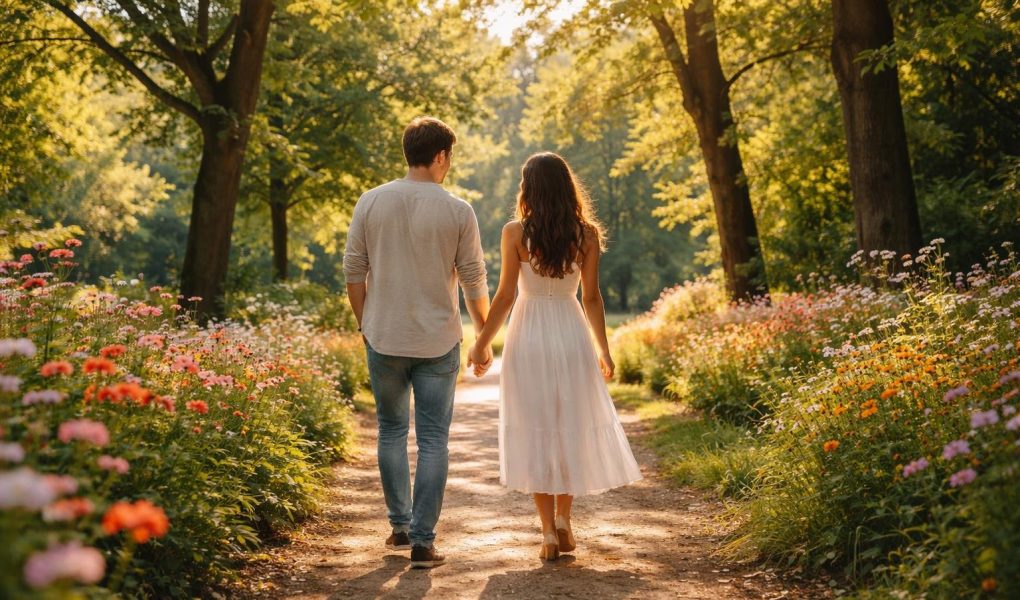 couple-parc-fleurs-arbres-soleil