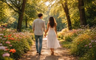 couple-parc-fleurs-arbres-soleil