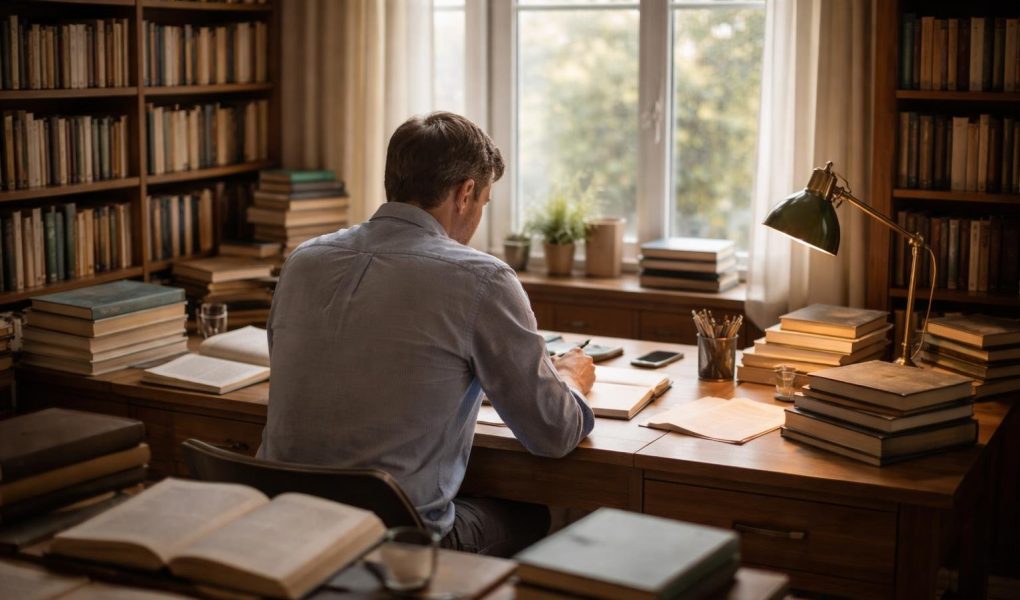 homme-bureau-livres-fenetre-etageres