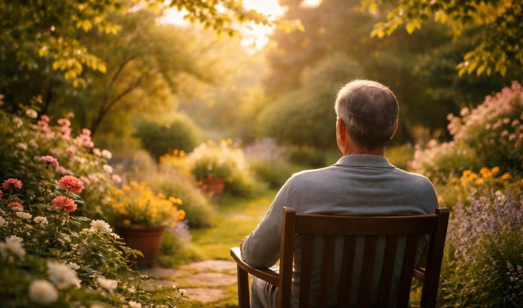 homme-jardin-fleurs-lumiere-douce