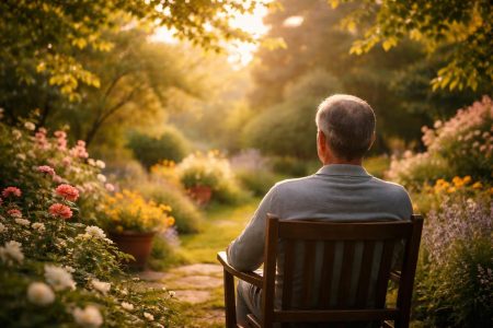 homme-jardin-fleurs-lumiere-douce