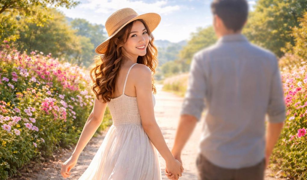femme-chemin-fleurs-ciel-bleu