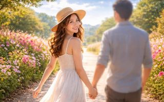 femme-chemin-fleurs-ciel-bleu