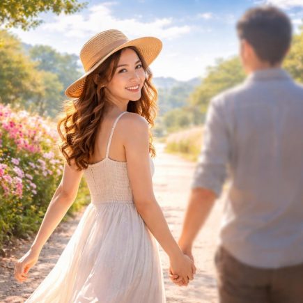femme-chemin-fleurs-ciel-bleu