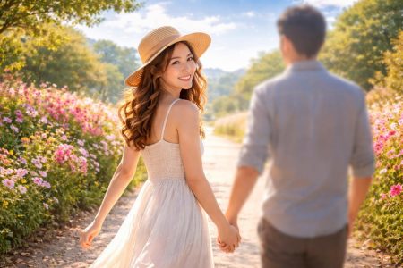 femme-chemin-fleurs-ciel-bleu