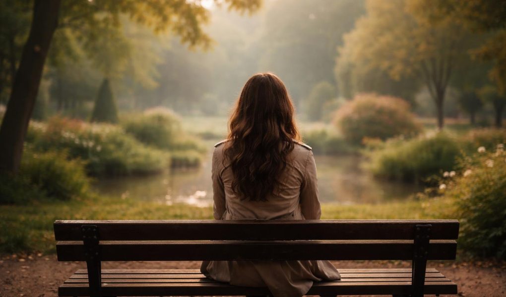 femme-banc-parc-arbres-paisible