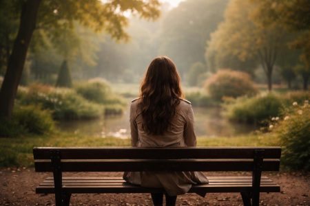 femme-banc-parc-arbres-paisible