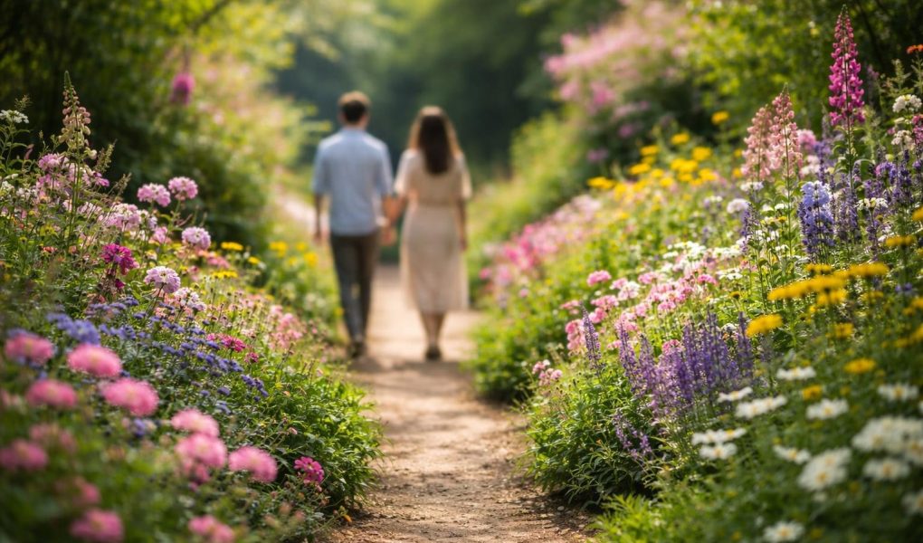 silhouettes-marche-jardin-luxuriant-fleuri