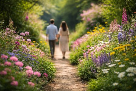 silhouettes-marche-jardin-luxuriant-fleuri